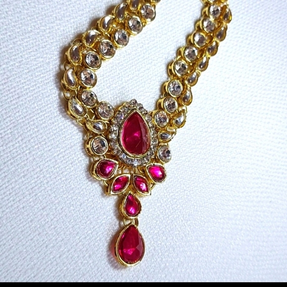 Gold Plated Hot Pink Choker Set with earrings - Picture 6 of 8